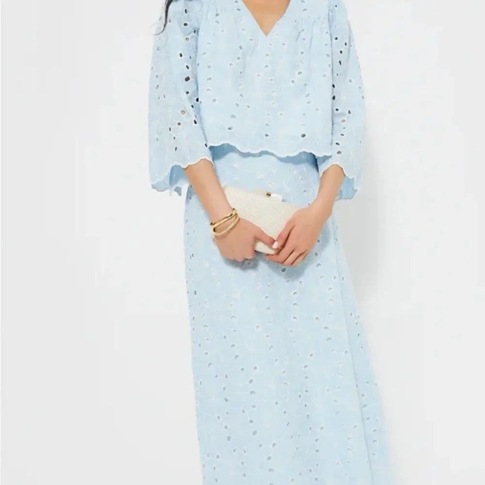 Tuckernuck Silas Blue Eyelet Cotton Midi Skirt Medium